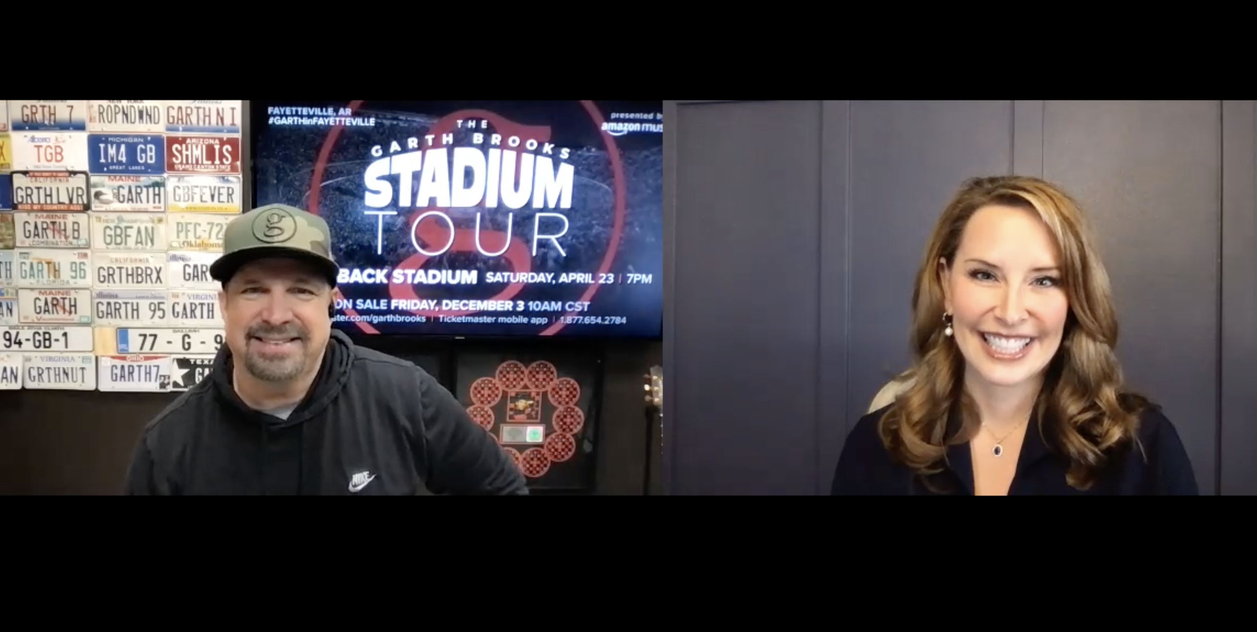 A screen shot of Garth Brooks and Neie Jones durig Zoom interview. He is ine one box on the left Neile is in a box on the right